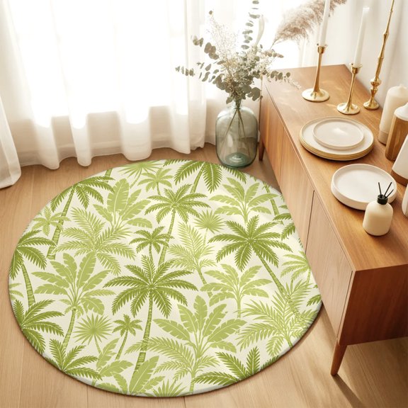 Round Rugs 5Ft, Lime Green Round Area Rug Washable Indoor Throw Carpet, Jungle Palm Trees Coconut Palms Exotic Ferns Soft Non Slip Circle Rug for Cabinet Bathroom Home Decor Aesthetic