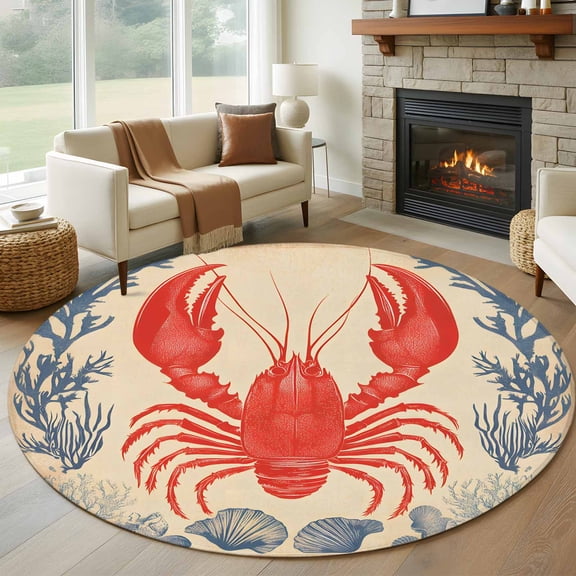 Round Rugs 5Ft, Lobster Coastal Round Area Rug Washable Indoor Throw Carpet, Summer Beach Coral Shell Nautical Vintage Soft Non Slip Circle Rug for Cabinet Bathroom Home Decor Aesthetic