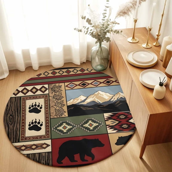Round Rugs 5Ft, Lodge Bear Cabin Round Area Rug Washable Indoor Throw Carpet, Vintage Brown Buffalo Plaid Boho Soft Non Slip Circle Rug for Cabinet Bathroom Home Decor Aesthetic