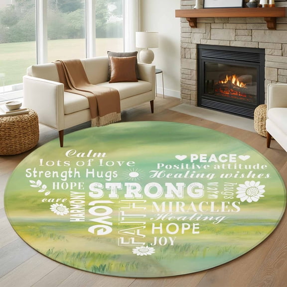 Round Rugs 5Ft, Love Peace Text Round Area Rug Washable Indoor Throw Carpet, Green Inspirational Quotes Sunflowers Soft Non Slip Circle Rug for Cabinet Bathroom Home Decor Aesthetic