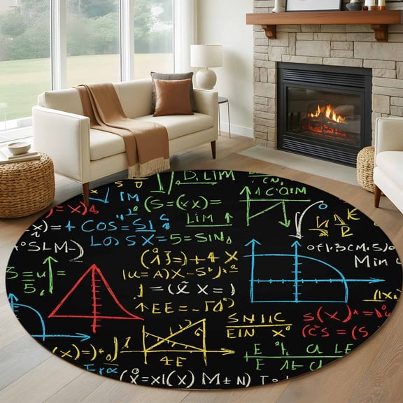 Round Rugs 5Ft, Math Formula Geometric Round Area Rug Washable Indoor Throw Carpet, Modern Art Black Yellow Soft Non Slip Circle Rug for Cabinet Bathroom Home Decor Aesthetic