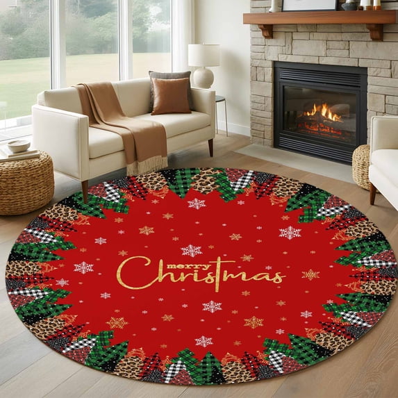 Round Rugs 5Ft, Merry Christmas Round Area Rug Washable Indoor Throw Carpet, Xmas Tree Winter Snowflake Red Soft Non Slip Circle Rug for Cabinet Bathroom Home Decor Aesthetic