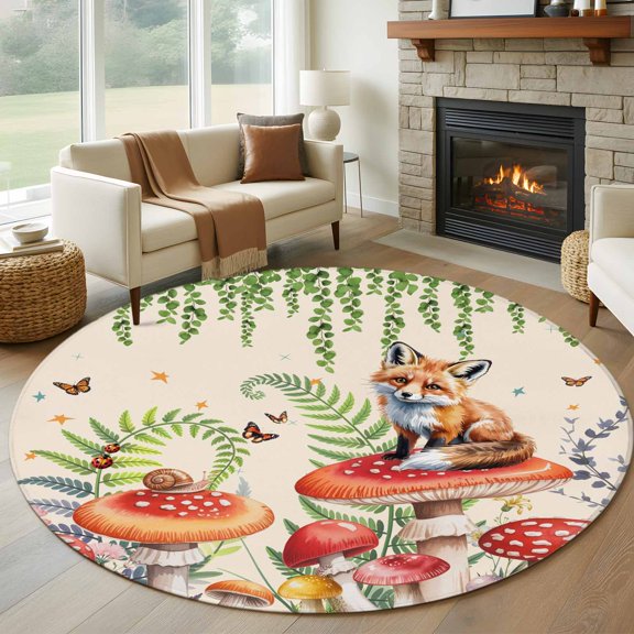 Round Rugs 5Ft, Mushroom Fox Round Area Rug Washable Indoor Throw Carpet, Green Leaf Butterfly Red Retro Plant Soft Non Slip Circle Rug for Cabinet Bathroom Home Decor Aesthetic