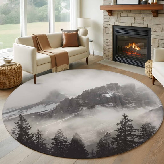 Round Rugs 5Ft, National Parks Round Area Rug Washable Indoor Throw Carpet, Canadian Smokey Mountain Cliff Idyllic Soft Non Slip Circle Rug for Cabinet Bathroom Home Decor Aesthetic