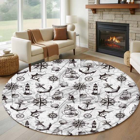 Round Rugs 5Ft, Nautical Compass Round Area Rug Washable Indoor Throw Carpet, Black Grey Sailing Boat Map Anchor Soft Non Slip Circle Rug for Cabinet Bathroom Home Decor Aesthetic