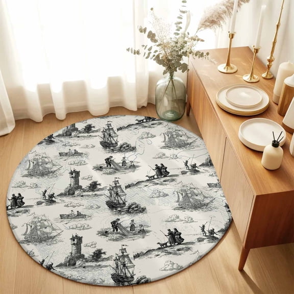 Round Rugs 5Ft, Nautical Lighthouse Round Area Rug Washable Indoor Throw Carpet, Farmhouse Retro Ocean Ship Map Soft Non Slip Circle Rug for Cabinet Bathroom Home Decor Aesthetic