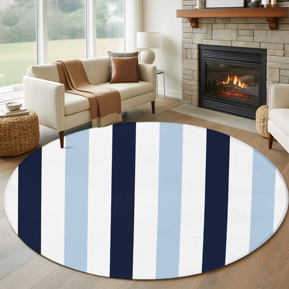Round Rugs 5Ft, Navy Blue Aqua Striped Round Area Rug Washable Indoor Throw Carpet, Farmhouse Stripe Art Soft Non Slip Circle Rug for Cabinet Bathroom Home Decor Aesthetic