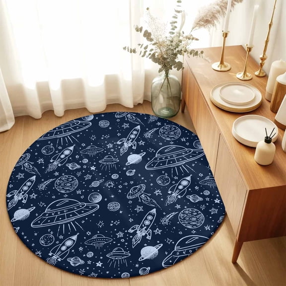 Round Rugs 5Ft, Navy Blue Cartoon Space Round Area Rug Washable Indoor Throw Carpet, Star Spacecraft Rocket Meteorite Soft Non Slip Circle Rug for Cabinet Bathroom Home Decor Aesthetic