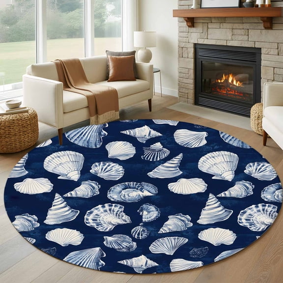 Round Rugs 5Ft, Navy Blue Coastal Round Area Rug Washable Indoor Throw Carpet, Shell Conch Summer Beach Nautical Soft Non Slip Circle Rug for Cabinet Bathroom Home Decor Aesthetic