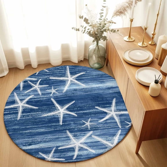 Round Rugs 5Ft, Navy Blue Coastal Round Area Rug Washable Indoor Throw Carpet, Summer Ocean Waves Ombre Sea Starfish Soft Non Slip Circle Rug for Cabinet Bathroom Home Decor Aesthetic