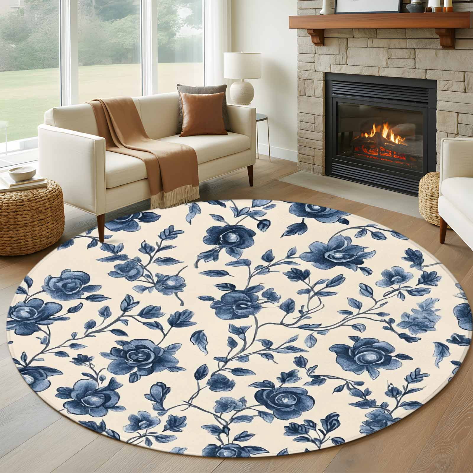 Round Rugs 5Ft, Navy Blue Floral Round Area Rug Washable Indoor Throw ...