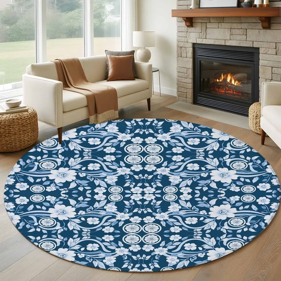 Round Rugs 5Ft, Navy Blue Floral Round Area Rug Washable Indoor Throw Carpet, Vintage Pastoral Botanical Leaves Soft Non Slip Circle Rug for Cabinet Bathroom Home Decor Aesthetic