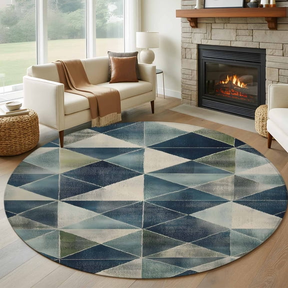 Round Rugs 5Ft, Navy Blue Ombre Rhombus Round Area Rug Washable Indoor Throw Carpet, Abstract Geometric Modern Soft Non Slip Circle Rug for Cabinet Bathroom Home Decor Aesthetic