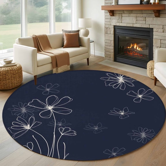 Round Rugs 5Ft, Navy Blue Round Area Rug Washable Indoor Throw Carpet, Spring Flora Soft Non Slip Circle Rug for Cabinet Bathroom Home Decor Aesthetic