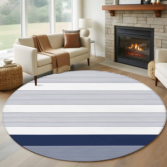 Round Rugs 5Ft, Navy Blue Stripe Round Area Rug Washable Indoor Throw Carpet, Modern Rustic Horizontal Blue Striped Soft Non Slip Circle Rug for Cabinet Bathroom Home Decor Aesthetic