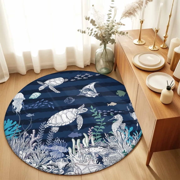 Round Rugs 5Ft, Navy Blue Turtle Coastal Round Area Rug Washable Indoor Throw Carpet, Nautical Summer Beach Coral Jellyfish Soft Non Slip Circle Rug for Cabinet Bathroom Home Decor Aesthetic