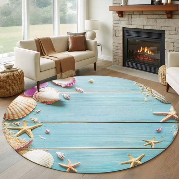 Round Rugs 5Ft, Ocean Coastal Round Area Rug Washable Indoor Throw Carpet, Blue Wooden Grain Starfish Seashells Floral Soft Non Slip Circle Rug for Cabinet Bathroom Home Decor Aesthetic
