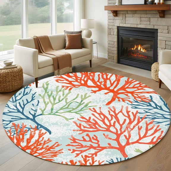 Round Rugs 5Ft, Ocean Coral Round Area Rug Washable Indoor Throw Carpet, Abstract Boho Gradient Coastal Polka Dots Soft Non Slip Circle Rug for Cabinet Bathroom Home Decor Aesthetic