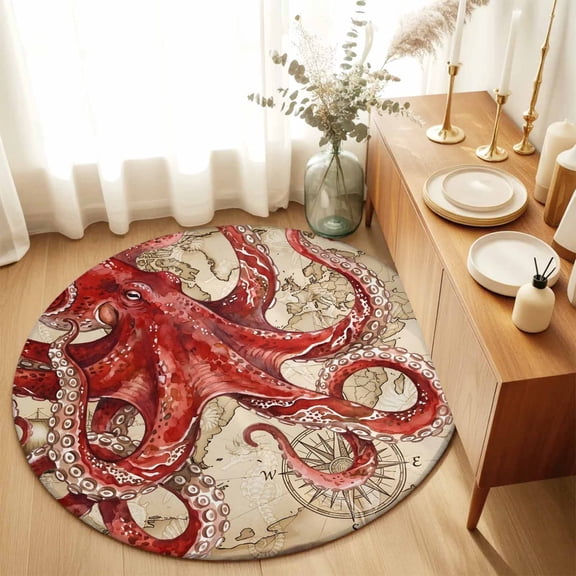 Round Rugs 5Ft, Ocean Red Octopus Round Area Rug Washable Indoor Throw Carpet, Coastal Anchor Sea Boat Retro World Map Soft Non Slip Circle Rug for Cabinet Bathroom Home Decor Aesthetic