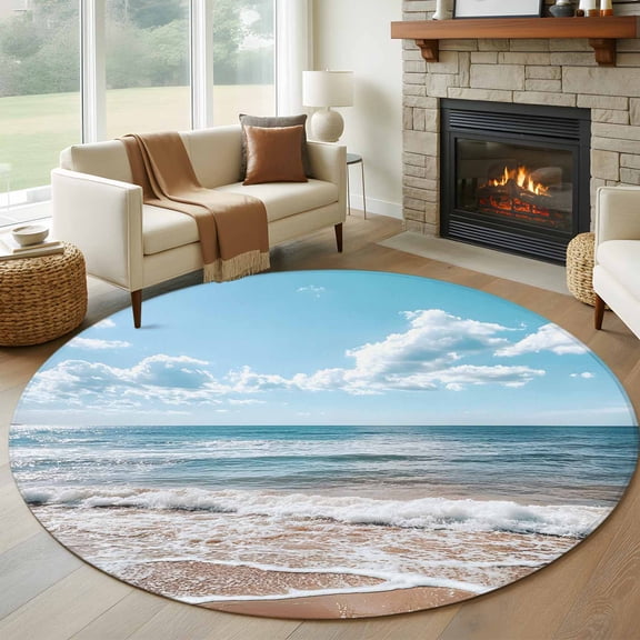Round Rugs 5Ft, Ocean Round Area Rug Washable Indoor Throw Carpet, Summer Sandy Beach Blue Sky Coastal Waves Soft Non Slip Circle Rug for Cabinet Bathroom Home Decor Aesthetic