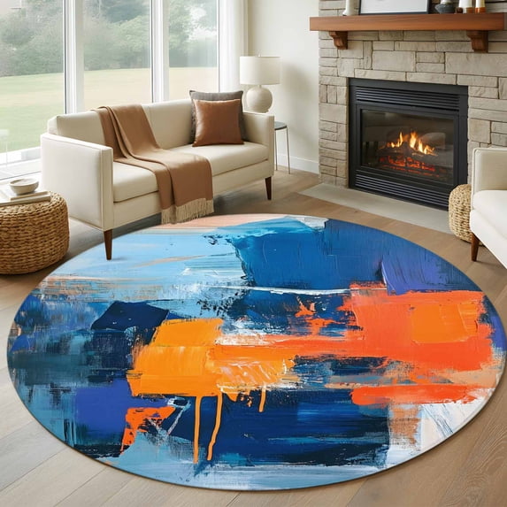 Round Rugs 5Ft, Orange Blue Geometric Round Area Rug Washable Indoor Throw Carpet, Oil Painting Modern Abstract Soft Non Slip Circle Rug for Cabinet Bathroom Home Decor Aesthetic