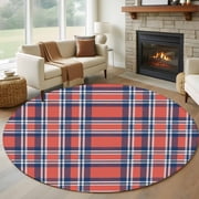 Round Rugs 5Ft, Orange Blue Round Area Rug Washable Indoor Throw Carpet, British Style Buffalo Plaid Lattice Soft Non Slip Circle Rug for Cabinet Bathroom Home Decor Aesthetic