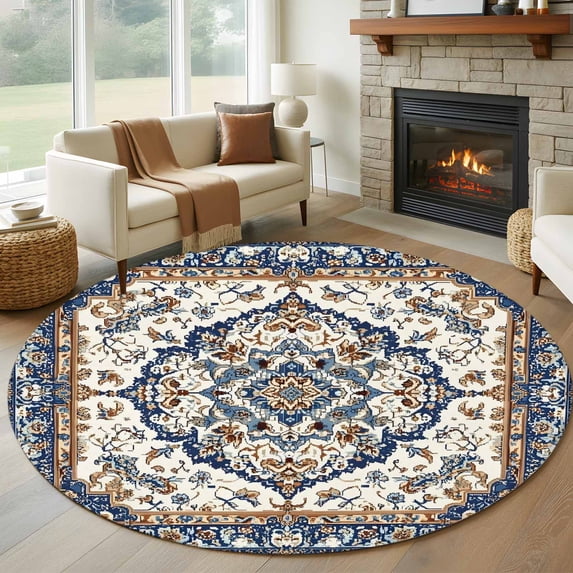Round Rugs 5Ft, Orange Brown Southwestern Round Area Rug Washable Indoor Throw Carpet, Boho Traditional Ethnic Classical Soft Non Slip Circle Rug for Cabinet Bathroom Home Decor Aesthetic