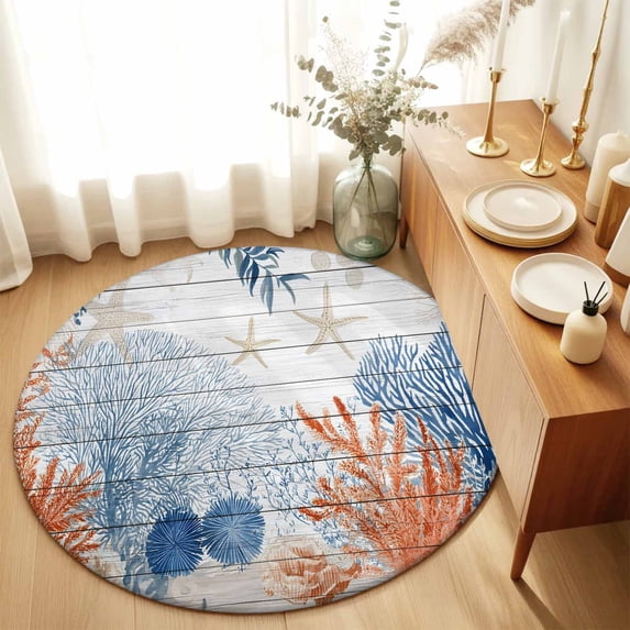 Round Rugs 5Ft, Orange Navy Blue Coral Round Area Rug Washable Indoor Throw Carpet, Summer Beach Coastal Ocean Wooden Soft Non Slip Circle Rug for Cabinet Bathroom Home Decor Aesthetic