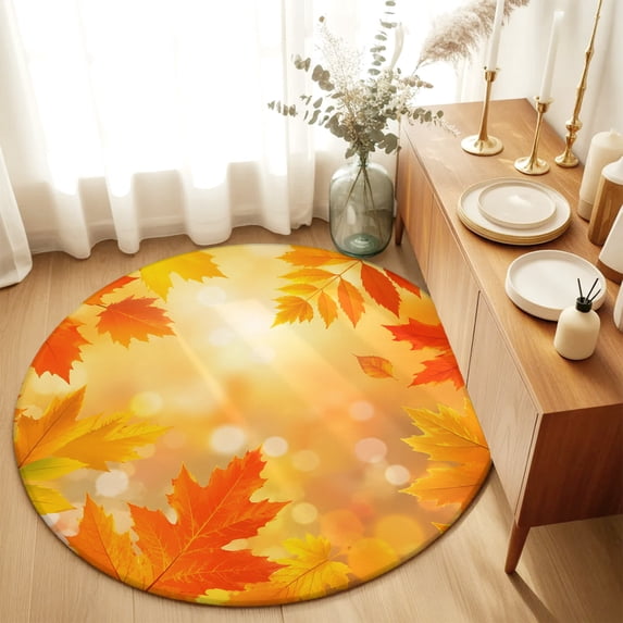 Round Rugs 5Ft, Orange Yellow Fall Round Area Rug Washable Indoor Throw Carpet, Thanksgiving Maple Leaves Soft Non Slip Circle Rug for Cabinet Bathroom Home Decor Aesthetic