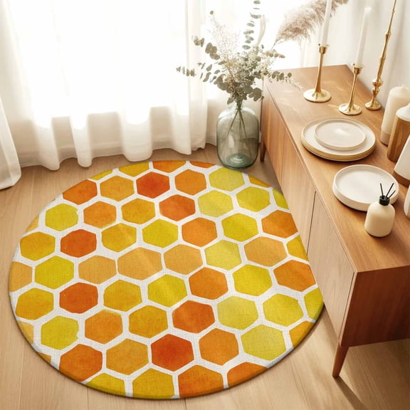 Round Rugs 5Ft, Orange Yellow Hexagon Round Area Rug Washable Indoor Throw Carpet, Summer Farmhouse Abstract Geometric Soft Non Slip Circle Rug for Cabinet Bathroom Home Decor Aesthetic