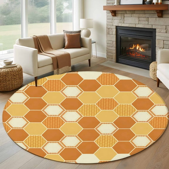 Round Rugs 5Ft, Orange Yellow Round Area Rug Washable Indoor Throw Carpet, Farmhouse Abstract Geometric Hexagon Art Soft Non Slip Circle Rug for Cabinet Bathroom Home Decor Aesthetic