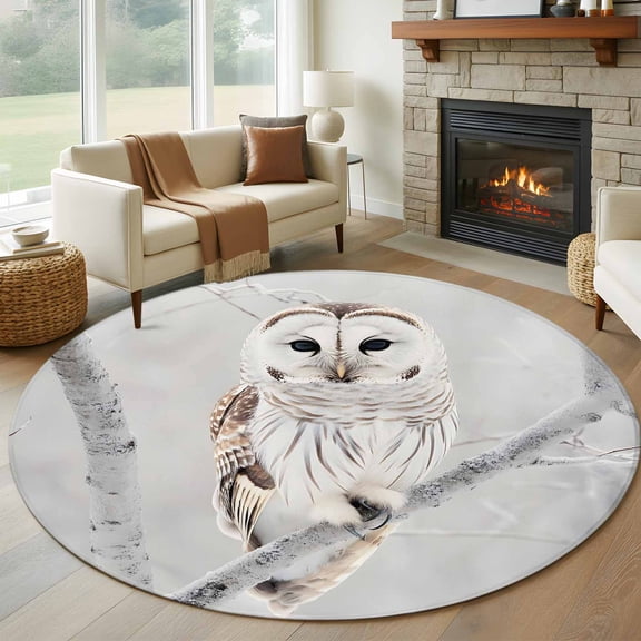 Round Rugs 5Ft, Owl On Branch Round Area Rug Washable Indoor Throw Carpet, Framhouse Winter Landscape Tree Birds Soft Non Slip Circle Rug for Cabinet Bathroom Home Decor Aesthetic