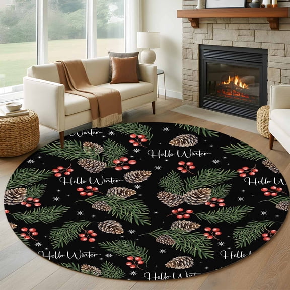 Round Rugs 5Ft, Pine Cones Round Area Rug Washable Indoor Throw Carpet, Winter Berry Snowflakes Plants Black Soft Non Slip Circle Rug for Cabinet Bathroom Home Decor Aesthetic