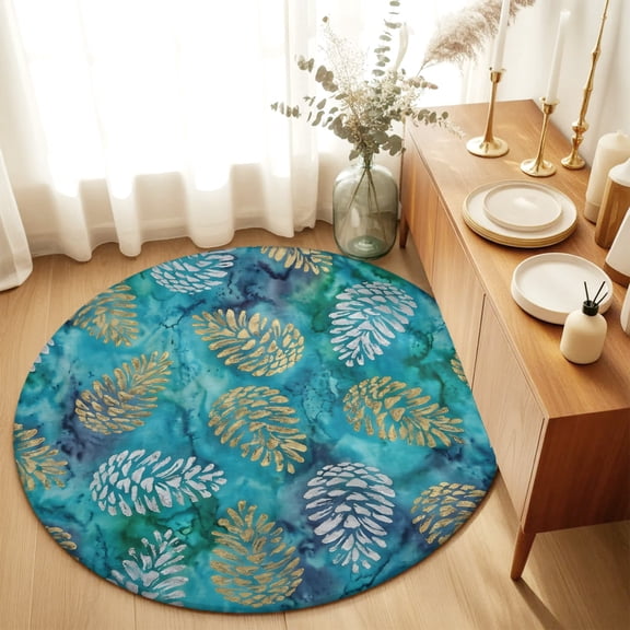 Round Rugs 5Ft, Pine Cones Round Area Rug Washable Indoor Throw Carpet, Winter Forest Cabin Forest Green Pine Needles Soft Non Slip Circle Rug for Cabinet Bathroom Home Decor Aesthetic