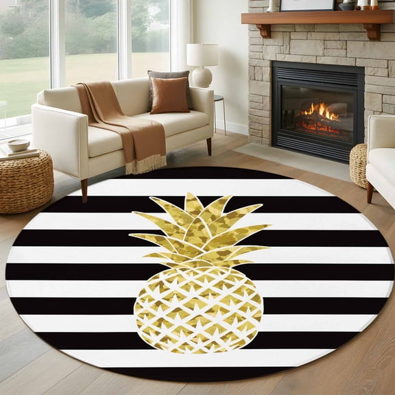 Round Rugs 5Ft, Pineapple Round Area Rug Washable Indoor Throw Carpet, Modern Abstract Fruits Black White Stripe Soft Non Slip Circle Rug for Cabinet Bathroom Home Decor Aesthetic