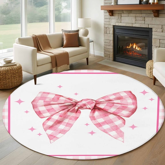 Round Rugs 5Ft, Pink Bowknot Round Area Rug Washable Indoor Throw Carpet, Shining Stars Vintage White Plaid Modern Soft Non Slip Circle Rug for Cabinet Bathroom Home Decor Aesthetic