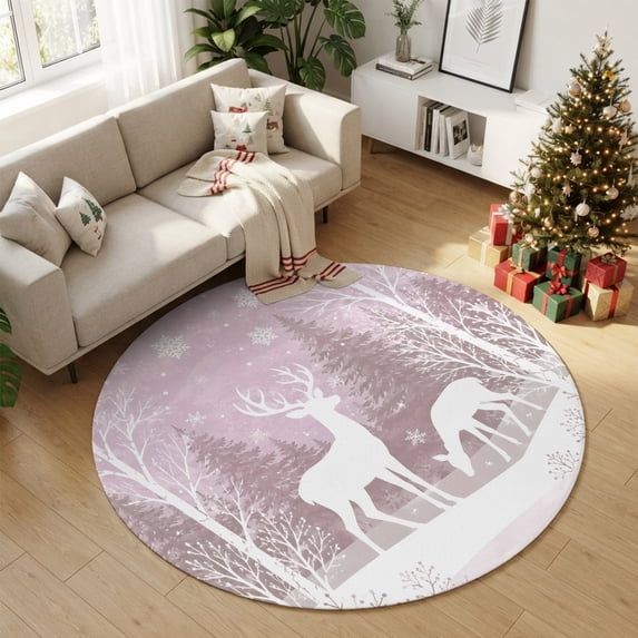 Round Rugs 5Ft, Pink Christmas Round Area Rug Washable Indoor Throw Carpet, Xmas Elk Tree Snowflake Soft Non Slip Circle Rug for Cabinet Bathroom Home Decor