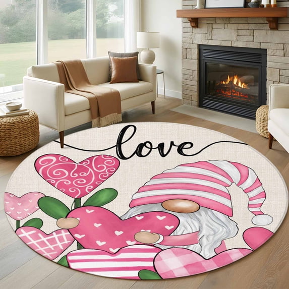 Round Rugs 5Ft, Pink Gnomes Valentines Round Area Rug Washable Indoor Throw Carpet, Teal Botanical Rustic Soft Non Slip Circle Rug for Cabinet Bathroom Home Decor Aesthetic