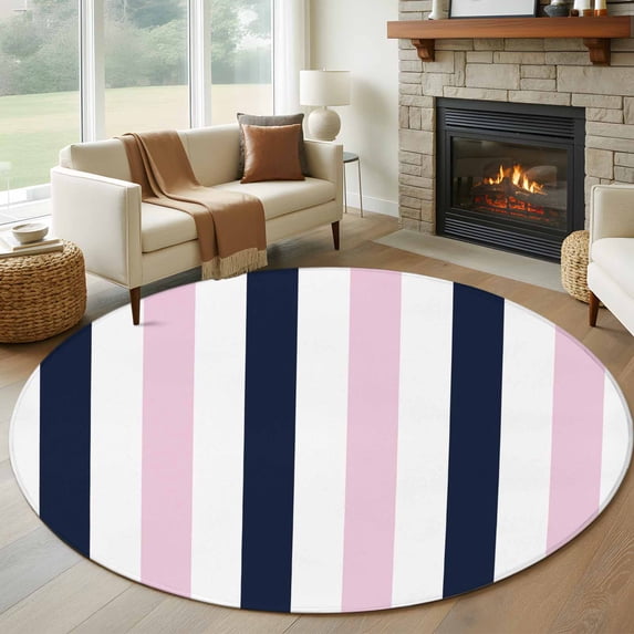 Round Rugs 5Ft, Pink Navy Blue Striped Round Area Rug Washable Indoor Throw Carpet, Farmhouse Stripe Art Soft Non Slip Circle Rug for Cabinet Bathroom Home Decor Aesthetic