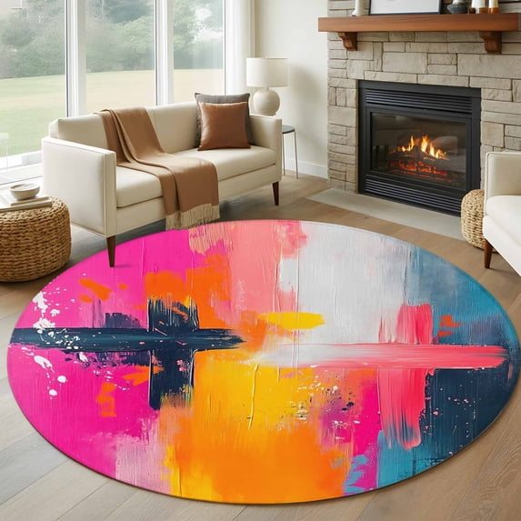 Round Rugs 5Ft, Pink Orange Blue Round Area Rug Washable Indoor Throw Carpet, Modern Oil Painting Art Soft Non Slip Circle Rug for Cabinet Bathroom Home Decor Aesthetic