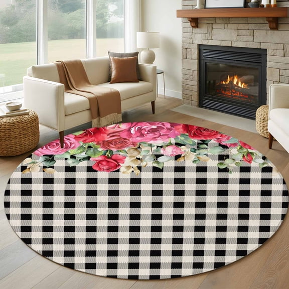 Round Rugs 5Ft, Pink Roses Valentine's Day Round Area Rug Washable Indoor Throw Carpet, Black White Plaid Spring Floral Soft Non Slip Circle Rug for Cabinet Bathroom Home Decor Aesthetic