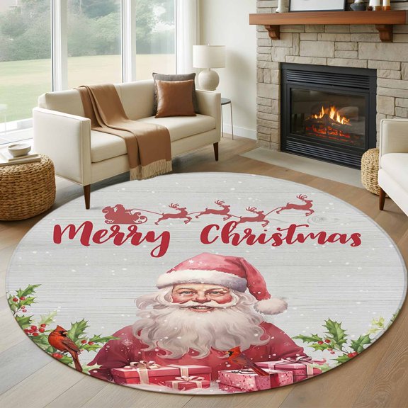 Round Rugs 5Ft, Pink Santa Christmas Round Area Rug Washable Indoor Throw Carpet, Xmas Tree Berry Winter Snowflake Gifts Soft Non Slip Circle Rug for Cabinet Bathroom Home Decor Aesthetic