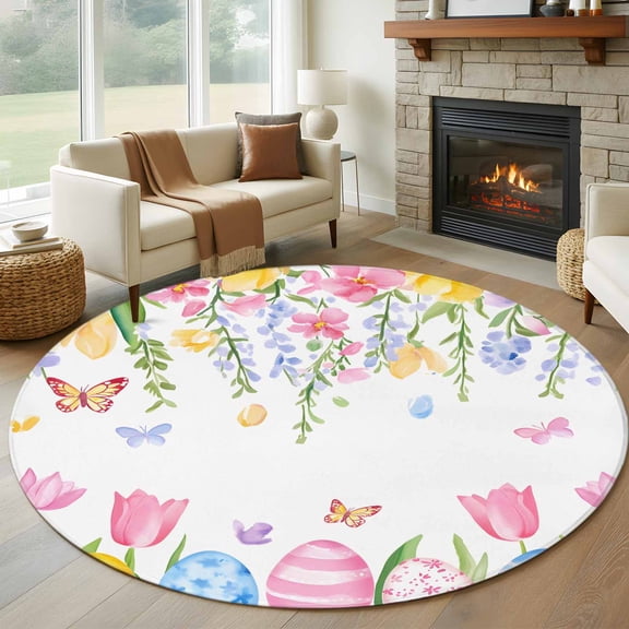 Round Rugs 5Ft, Pink Spring Floral Easter Round Area Rug Washable Indoor Throw Carpet, Elegant Tulip Flower Soft Non Slip Circle Rug for Cabinet Bathroom Home Decor Aesthetic