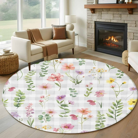 Round Rugs 5Ft, Pink Spring Floral Round Area Rug Washable Indoor Throw Carpet, Flowers Botanical Elegant Grey Checkered Soft Non Slip Circle Rug for Cabinet Bathroom Home Decor Aesthetic