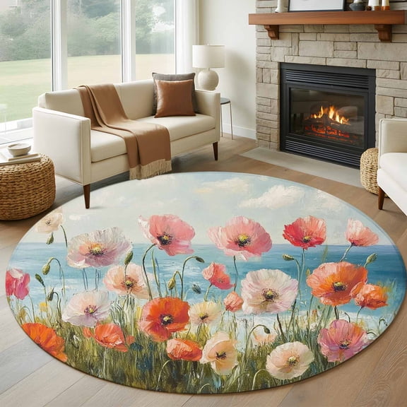 Round Rugs 5Ft, Pink Spring Floral Round Area Rug Washable Indoor Throw Carpet, Modern Abstract Art Oil Painting Soft Non Slip Circle Rug for Cabinet Bathroom Home Decor Aesthetic