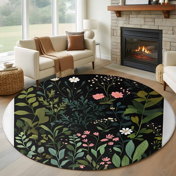 Round Rugs 5Ft, Pink Spring Floral Round Area Rug Washable Indoor Throw Carpet, Summer Flowers Green Botanical Soft Non Slip Circle Rug for Cabinet Bathroom Home Decor Aesthetic
