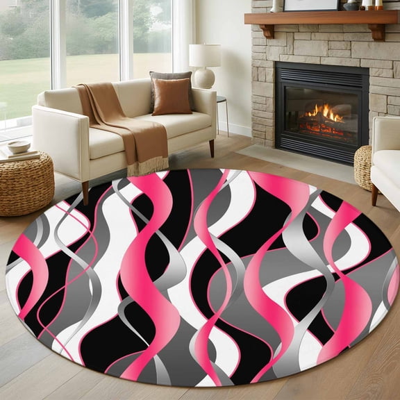 Round Rugs 5Ft, Pink Stripe Round Area Rug Washable Indoor Throw Carpet, Gradient Grey Moire Geometric Modern Abstract Soft Non Slip Circle Rug for Cabinet Bathroom Home Decor Aesthetic
