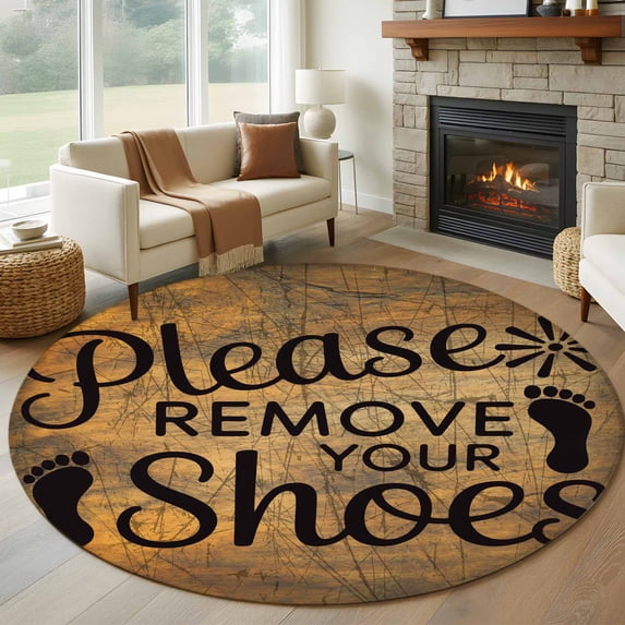Round Rugs 5Ft, Please Remove Your Shoes Round Area Rug Washable Indoor Throw Carpet, Farmhouse Brown Wooden Grain Soft Non Slip Circle Rug for Cabinet Bathroom Home Decor Aesthetic
