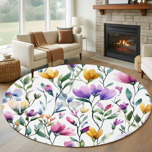 Round Rugs 5Ft, Pueple Pink Flower Round Area Rug Washable Indoor Throw Carpet, Pastoral Pastel Pink Boho Floral Leaf Soft Non Slip Circle Rug for Cabinet Bathroom Home Decor Aesthetic