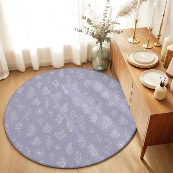 Round Rugs 5Ft, Purple Botanical Round Area Rug Washable Indoor Throw Carpet, Farmhouse Summer Floral Leaves Soft Non Slip Circle Rug for Cabinet Bathroom Home Decor Aesthetic
